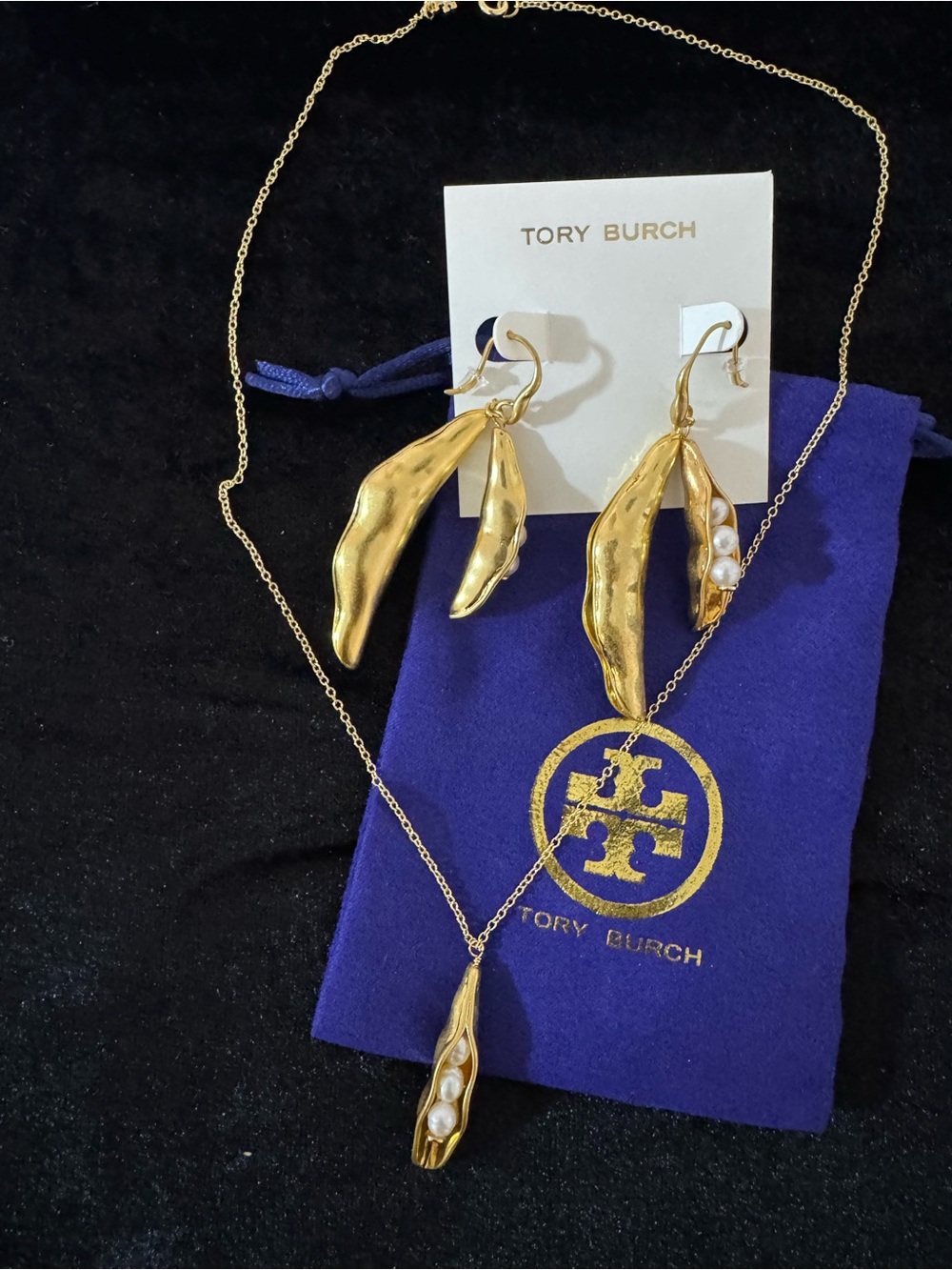Tory Burch Gold Pearl Peapod Necklace & Earrings Set